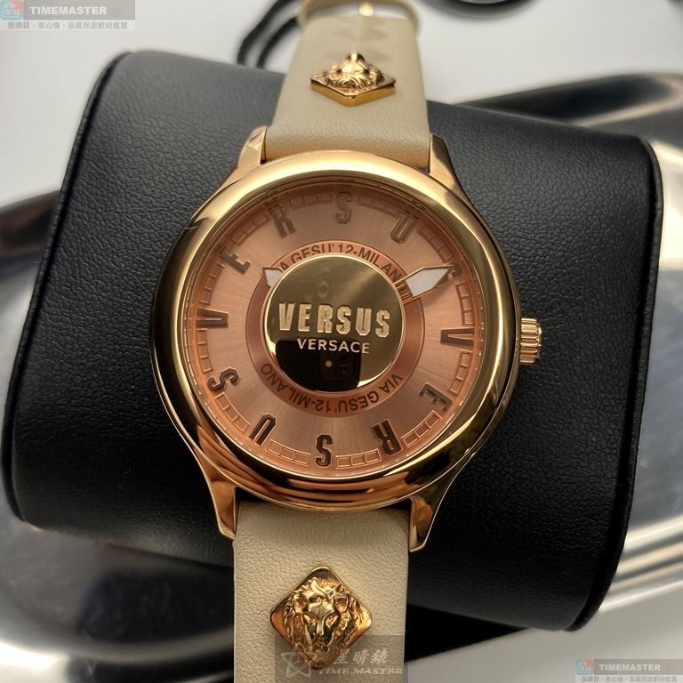 [星晴錶業]VERSUS VERSACE手錶,40mm,VV00278粉金錶面玫瑰金錶殼米白真皮皮革錶帶款, , large