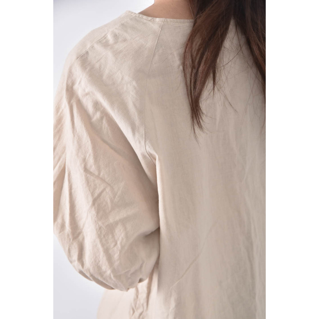 (M) gu亞麻棉質V領泡泡袖杏色長袖上衣二手衣, , large