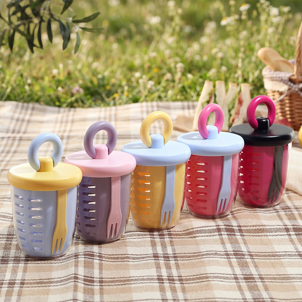 雙層沙拉杯 乾濕分離 650ml 燕麥優格杯 1杯2用 瀝水籃 隨行杯 輕食杯 密封不漏 帶蓋保鮮盒 附叉子 早餐杯, , large