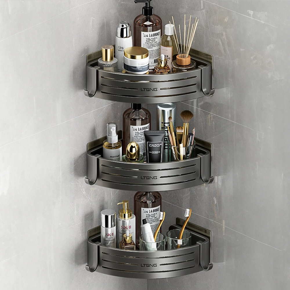 太空鋁三角置物架【單層/三層】 黏式 增高 浴室置物架 免打孔 三角架 太空鋁 鋁合金 浴櫃 層架 架子 置物架 防水 收納架, , large