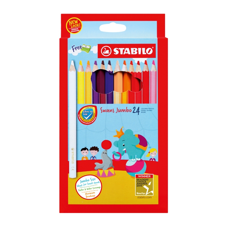 【德國天鵝STABILO】Swans Jumbo 特大油性色鉛筆 兒童適用 筆芯不易斷 好握好畫短版(1/2長)12色(ST1873J), , large