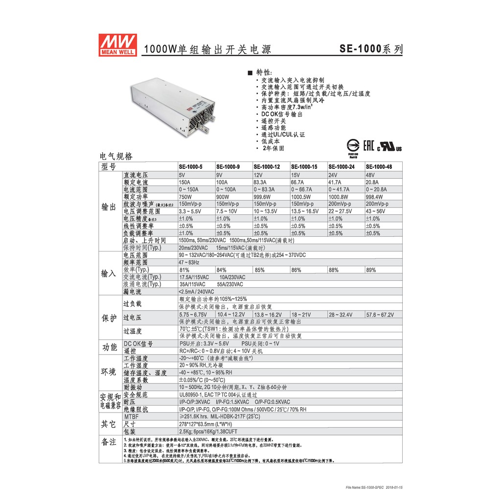 明緯 1000W單組輸出電源供應器(SE-1000-24), , large