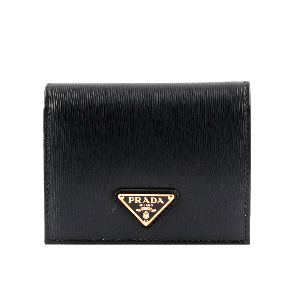 PRADA 三角牌LOGO水波紋皮革零錢袋短夾/黑色, , large