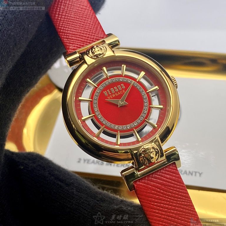 [星晴錶業]VERSUS VERSACE手錶,36mm,VV00022大紅色錶面玫瑰金錶殼大紅色真皮皮革錶帶款, , large