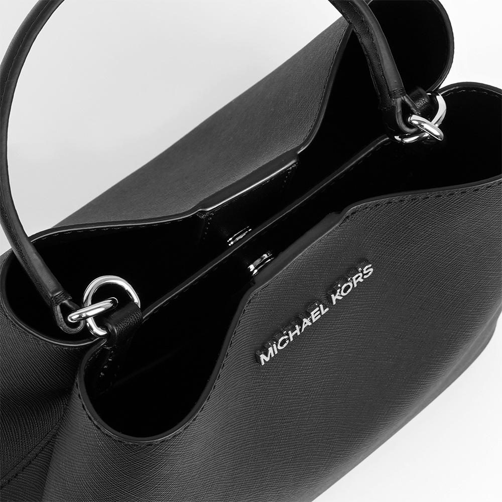 Michael Kors Pratt 銀字素面手提/斜背二用小款水桶包(黑色), , large