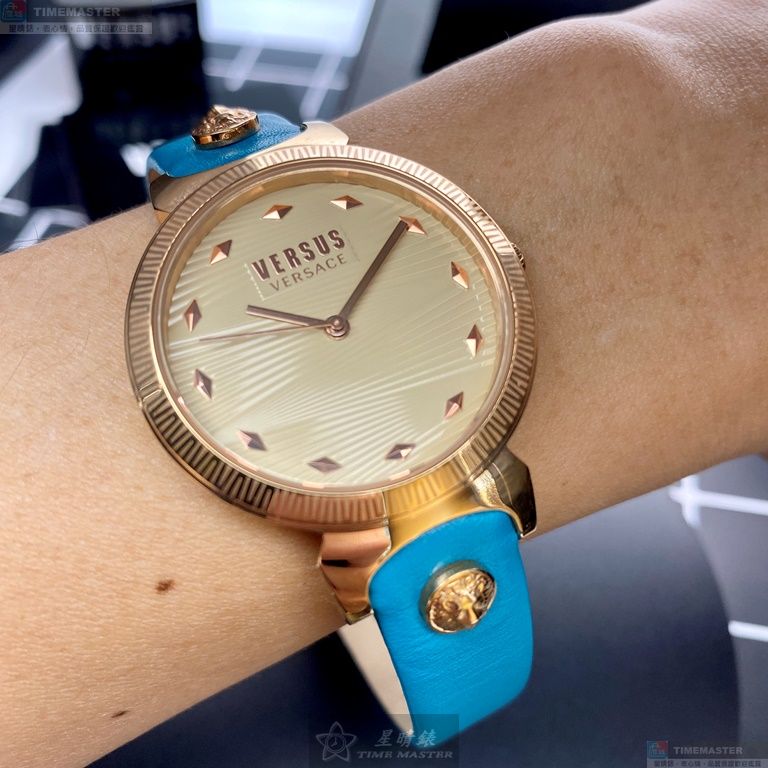 [星晴錶業]VERSUS VERSACE手錶,36mm,VV00297米粉色錶面玫瑰金錶殼淺藍真皮皮革錶帶款, , large