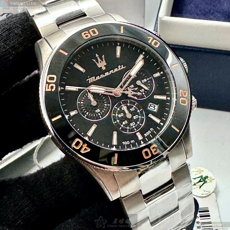 [星晴錶業]MASERATI手錶,44mm,R8873600003黑色錶面黑錶殼銀色精鋼錶帶款, , large