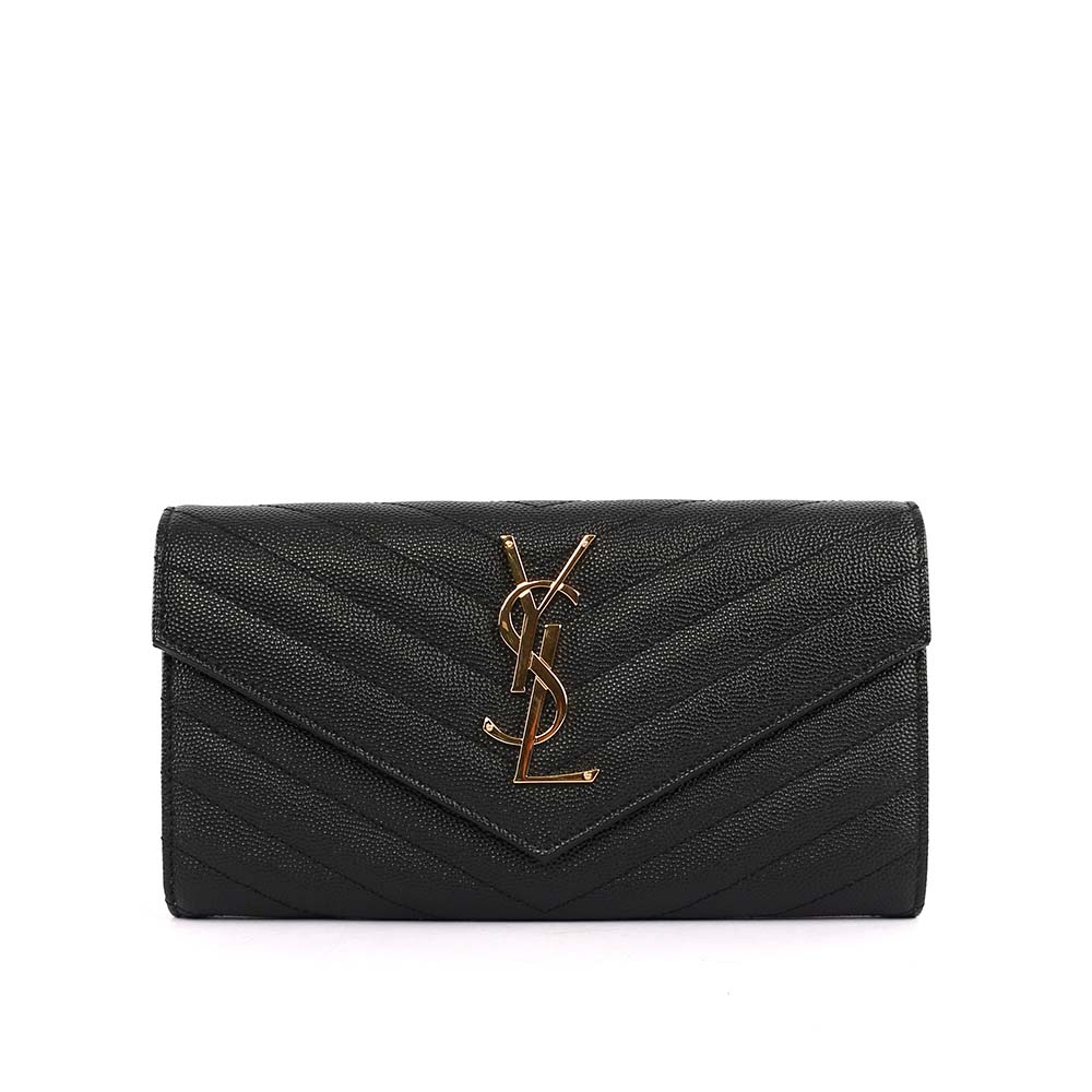 YSL 山形紋荔枝皮金字logo釦式長夾/黑色