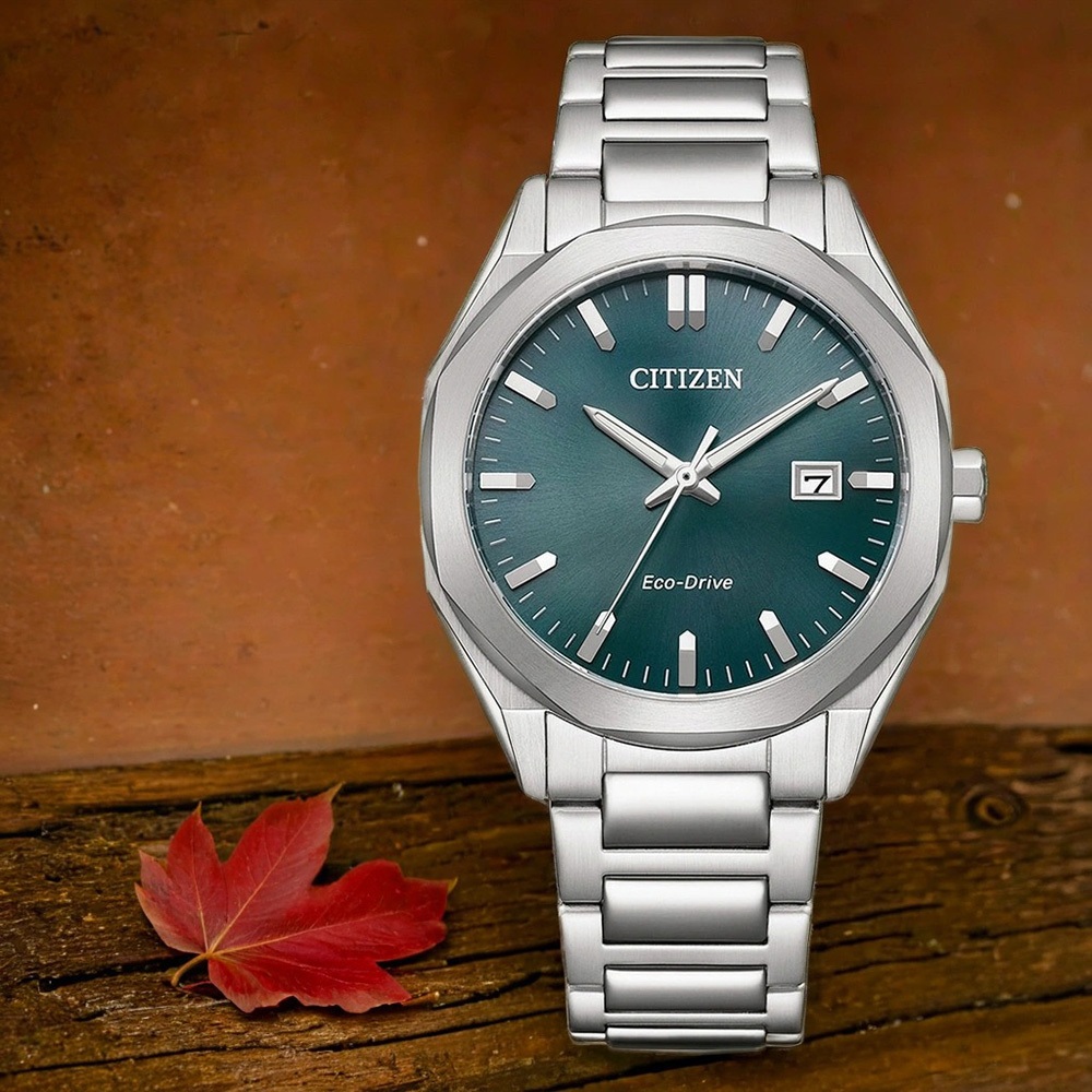 CITIZEN 星辰 限量 光動能八角形經典大三針手錶 送禮推薦-銀x綠/38mm BM7620-83X, , large