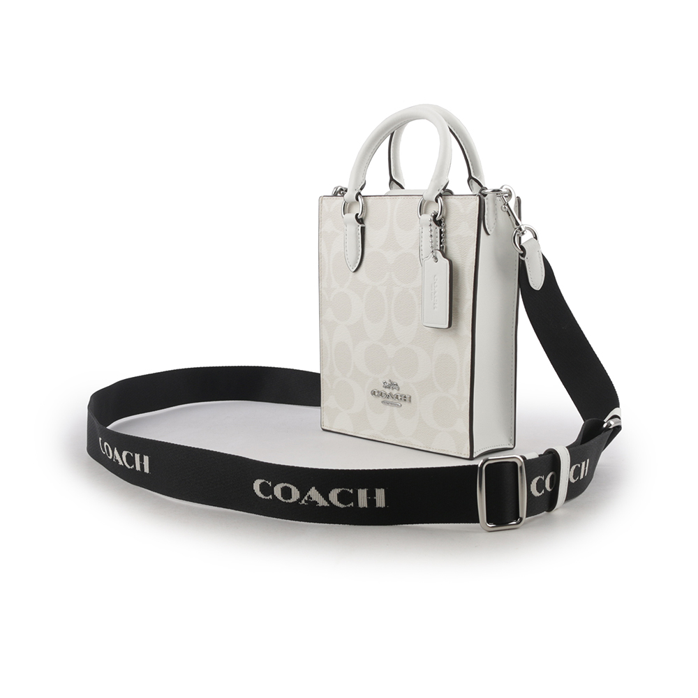 COACH 銀字刺繡背帶塗層帆布迷你二用琴譜包(冰川白), , large