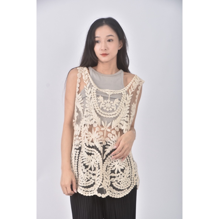 (S) 質感紡紗透膚背心杏色上衣二手衣, , large