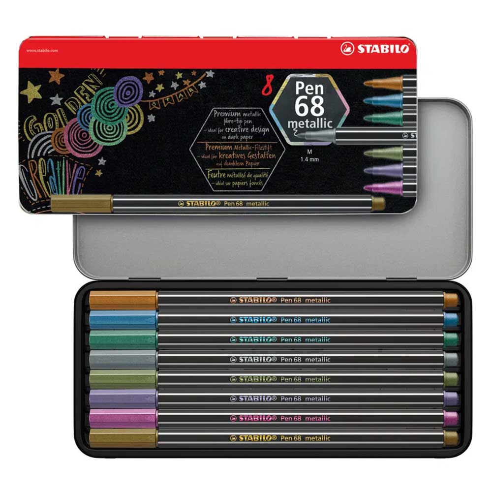 STABILO 德國 思筆樂 Pen 68 metallic 樂朋68金屬色系彩色筆 鐵盒 8色/盒 ST6808/8-32