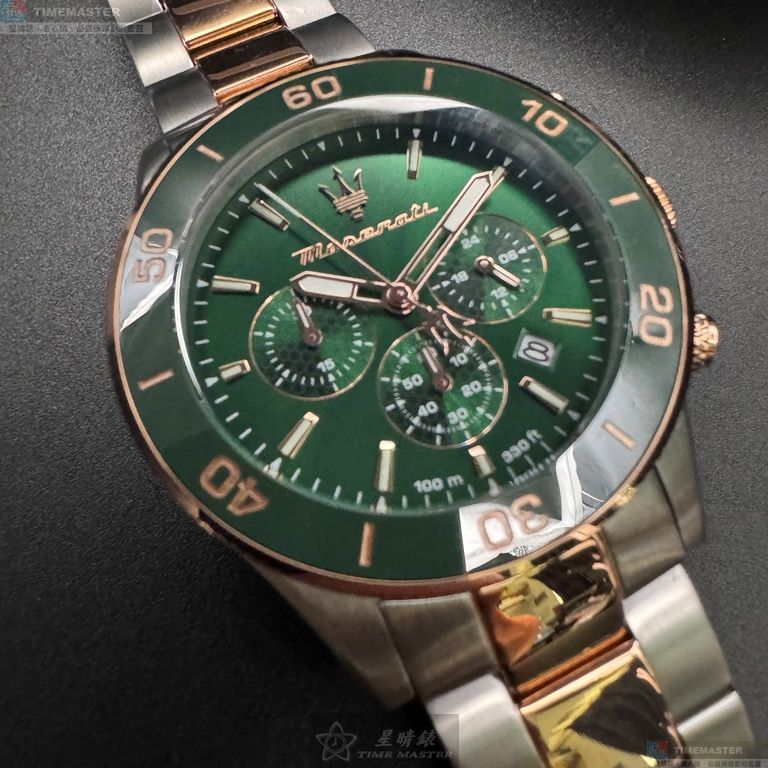 [星晴錶業]MASERATI手錶,44mm,R8873600004墨綠色錶面金綠色錶殼金銀相間精鋼錶帶款, , large