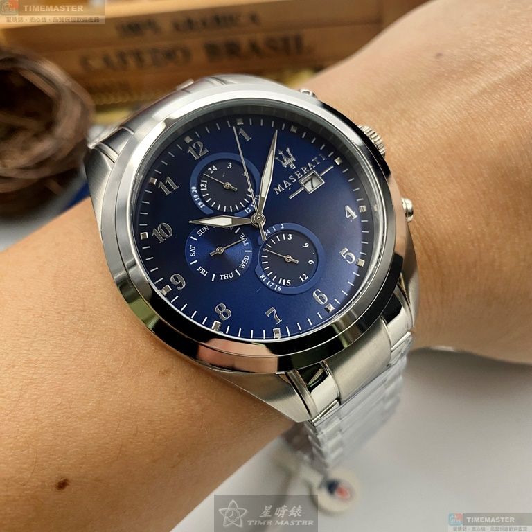 [星晴錶業]MASERATI手錶,46mm,R8853112505寶藍色錶面寶藍錶殼銀色精鋼錶帶款, , large