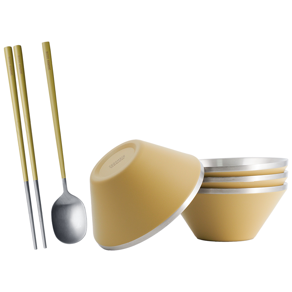 仙德曼雙層304不鏽鋼笠形碗-4入-沙色+316不鏽鋼餐具組-4套入, , large