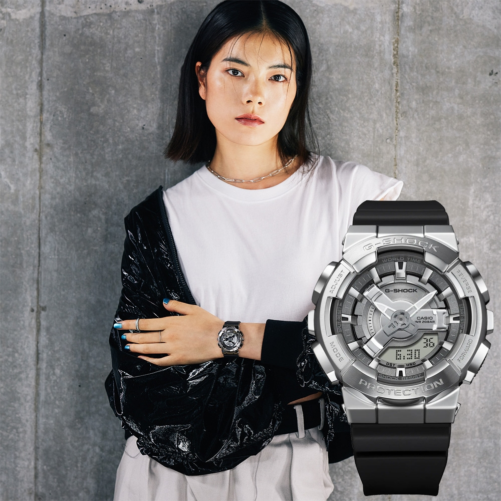 CASIO 卡西歐 G-SHOCK 金屬色雙顯電子錶-百搭銀 GM-S110-1A, , large