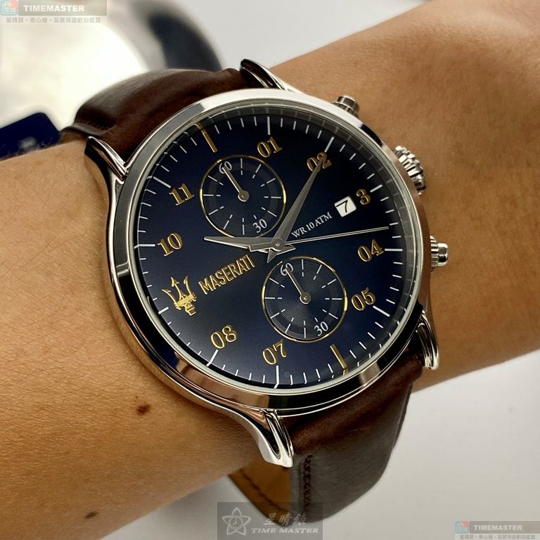 [星晴錶業]MASERATI手錶,42mm,R8871618001寶藍色錶面銀錶殼咖啡色真皮皮革錶帶款, , large