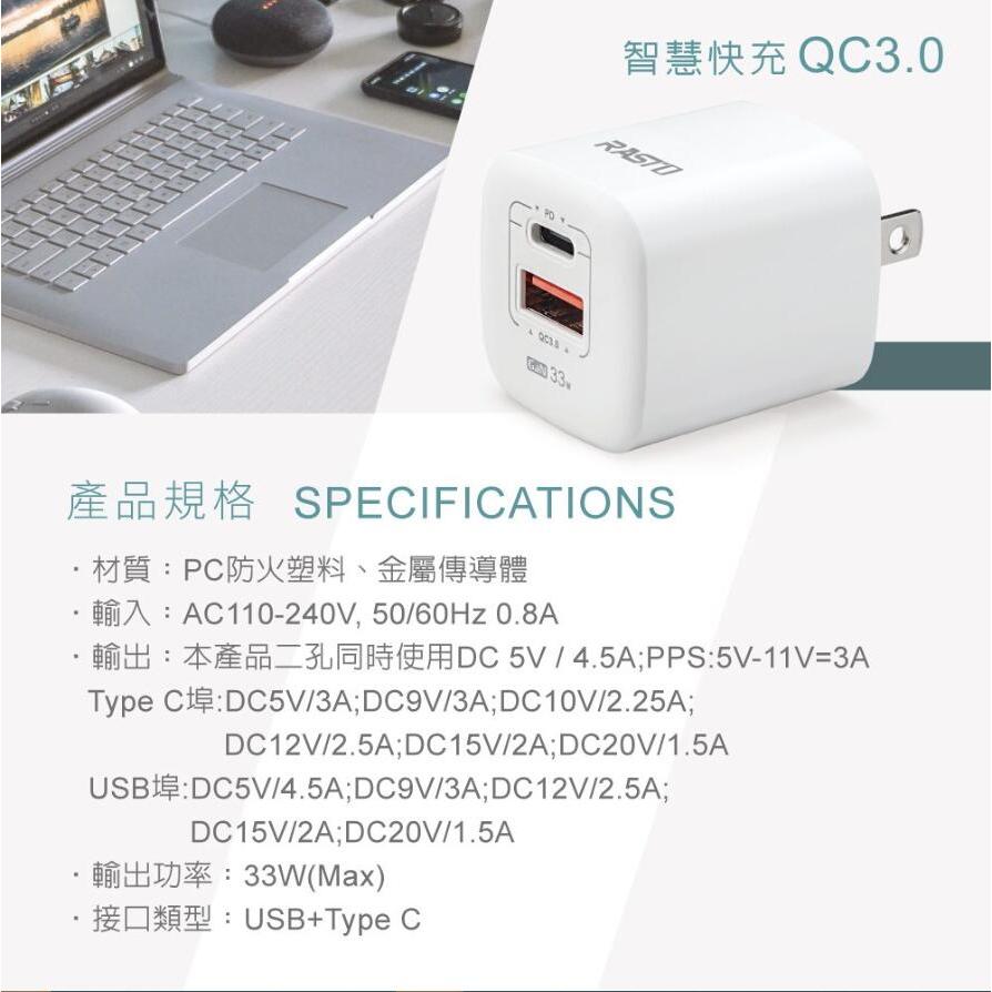 【MIT台灣製造 BSMI認證】RASTO RB24  豆腐頭 33W GaN氮化鎵 PD+QC3.0雙孔快速充電器, , large