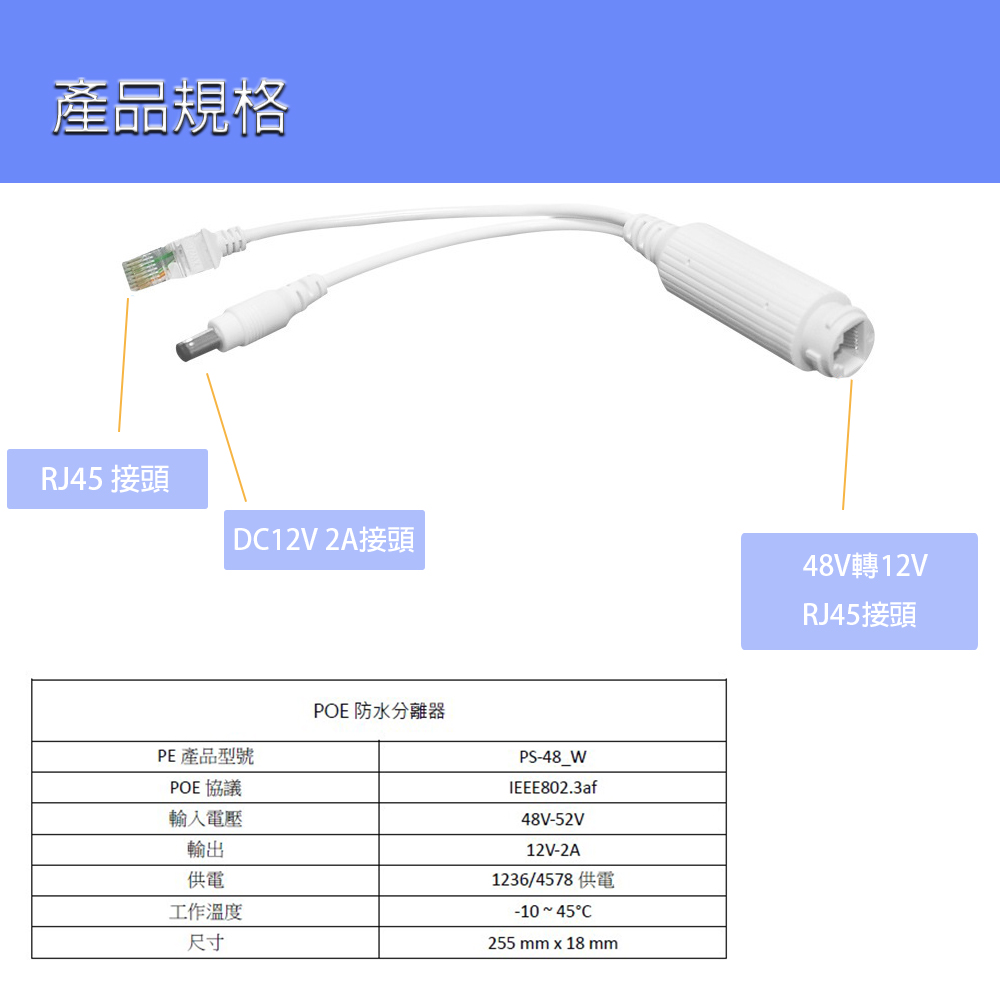 [逸奇科技] 48V轉12V標準防水型POE分離器 IEEE 802.3af/at 30個/組, , large