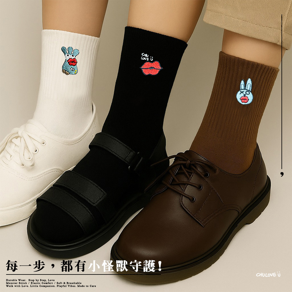 啾愛你PRO怪獸刺繡襪-三入組, , large