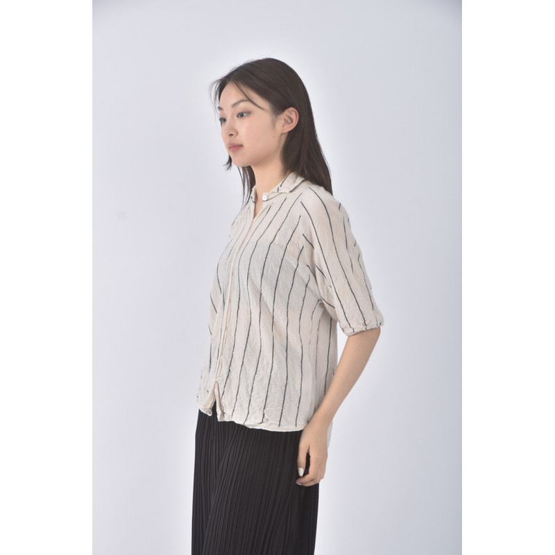 (S) 質感條紋杏色短袖上衣二手衣, , large