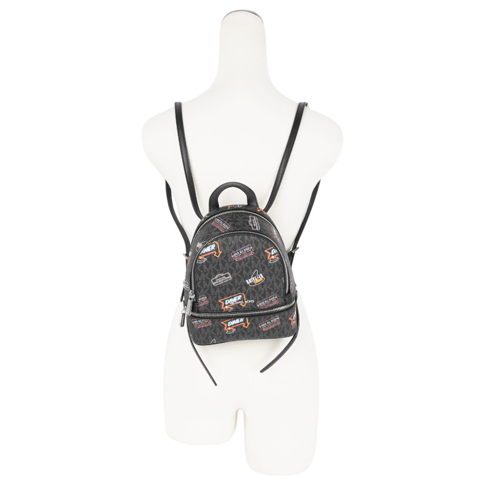 Michael Kors Rhea 銀字美式招牌圖案拉鍊迷你後背包(黑色), , large