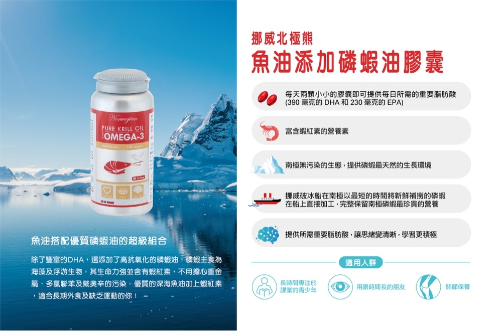 【Isbjorn挪威北極熊保健專家】南極磷蝦油添加魚油膠囊三瓶(3瓶共360顆), , large