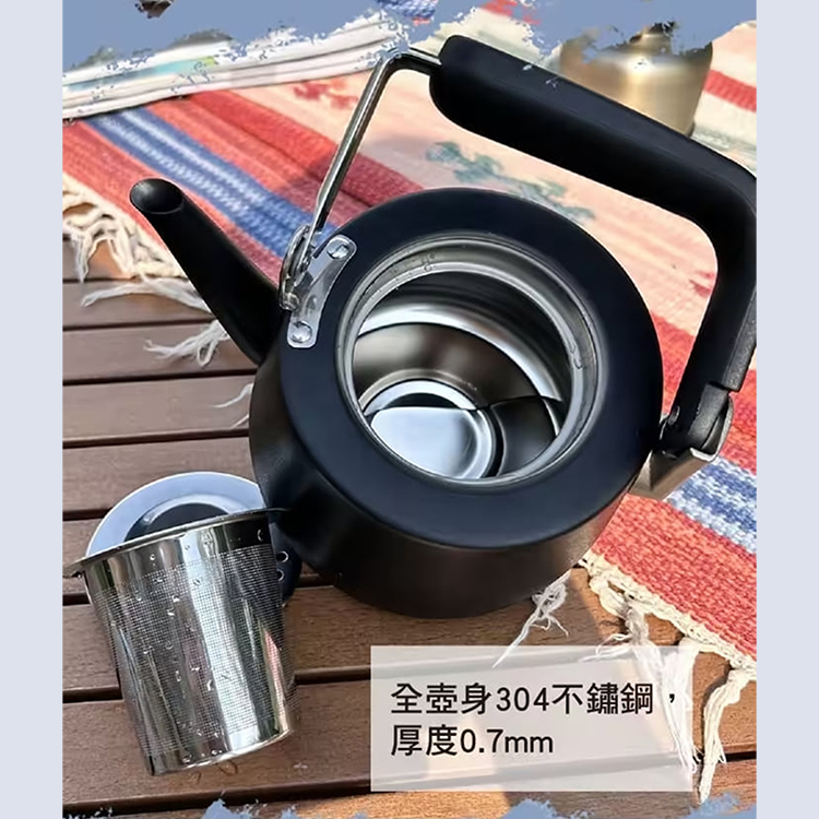 仙德曼露營304不鏽鋼泡茶壺-附濾網-1.0L-霧黑色-1支, , large