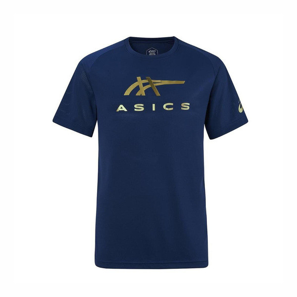 Asics 男 T恤 運動上衣 休閒短袖 藍金 亞版 [2031E781-400], , large