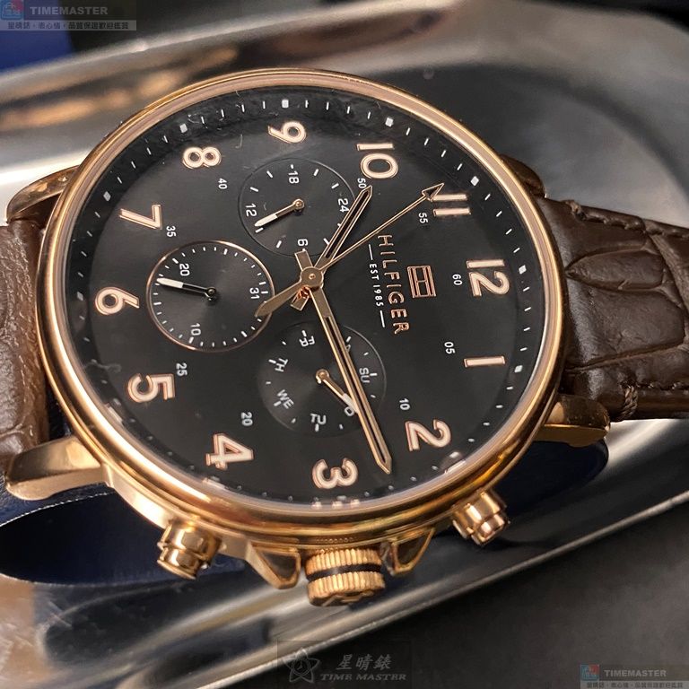 [星晴錶業]TommyHilfiger手錶,44mm,TH00003黑色錶面玫瑰金錶殼咖啡色真皮皮革錶帶款, , large