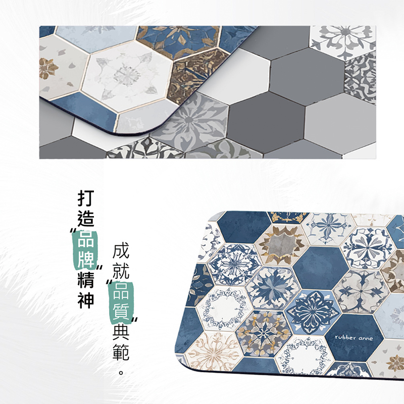 【怪獸】rubber anne 10秒頂吸 軟式珪藻土吸水地墊 六角花磚系列 (60x40cm) -藍瓷磚, , large