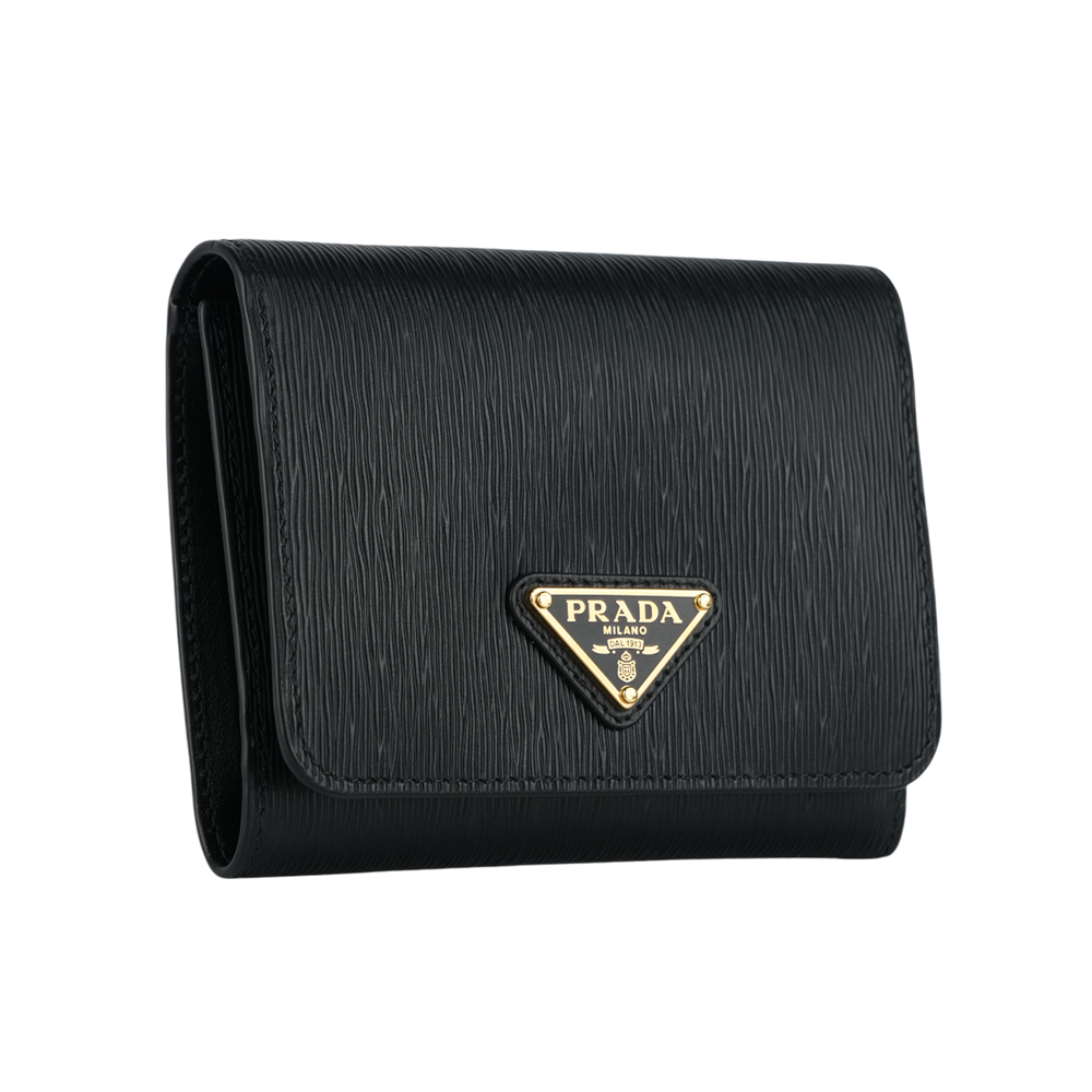 PRADA 三角牌Logo 水波紋皮革暗釦三折短夾/黑色, , large