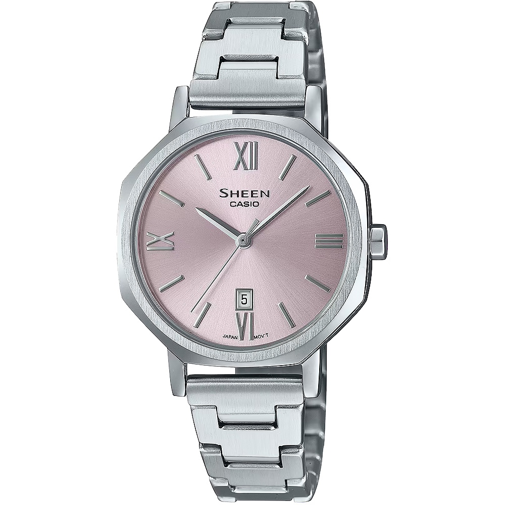 CASIO 卡西歐 SHEEN 文青風格 八角形鍊帶女錶-粉 SHE-4554D-4A, , large