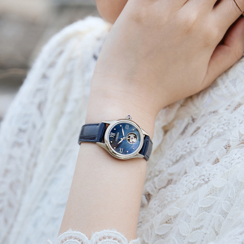 CITIZEN 星辰 小鏤空優雅機械女錶-藍/28.5mm PR1041-18N, , large