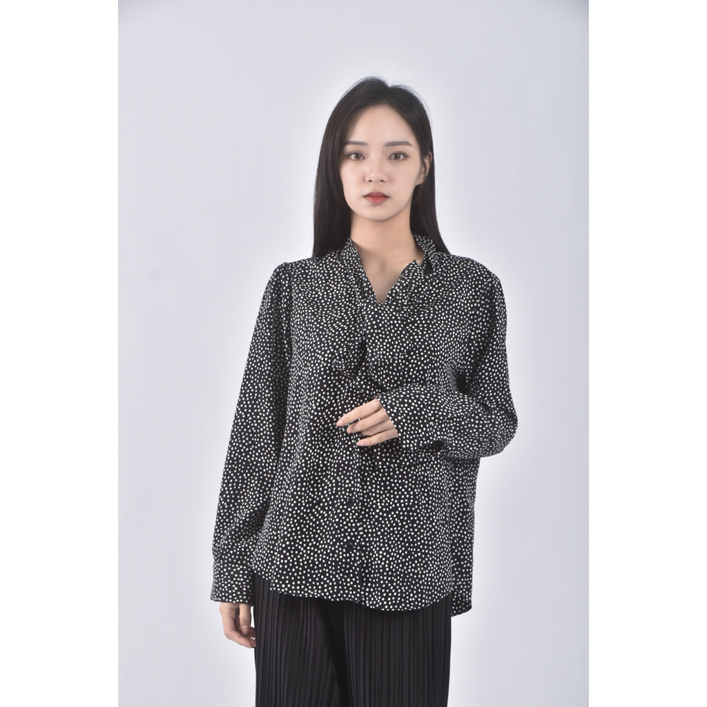 (M) funny powder韓牌質感綁帶黑色長袖上衣二手衣, , large