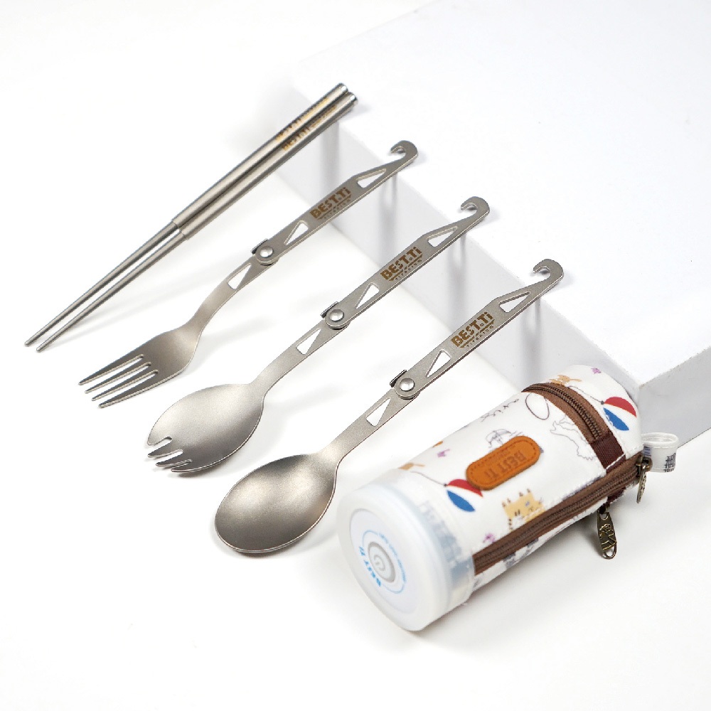 【純鈦殺菌旋轉餐具組】殺菌 迷你餐具 叉子 筷子 湯匙 環保餐具 鈦餐具 餐具袋 殺菌燈 露營 登山, , large