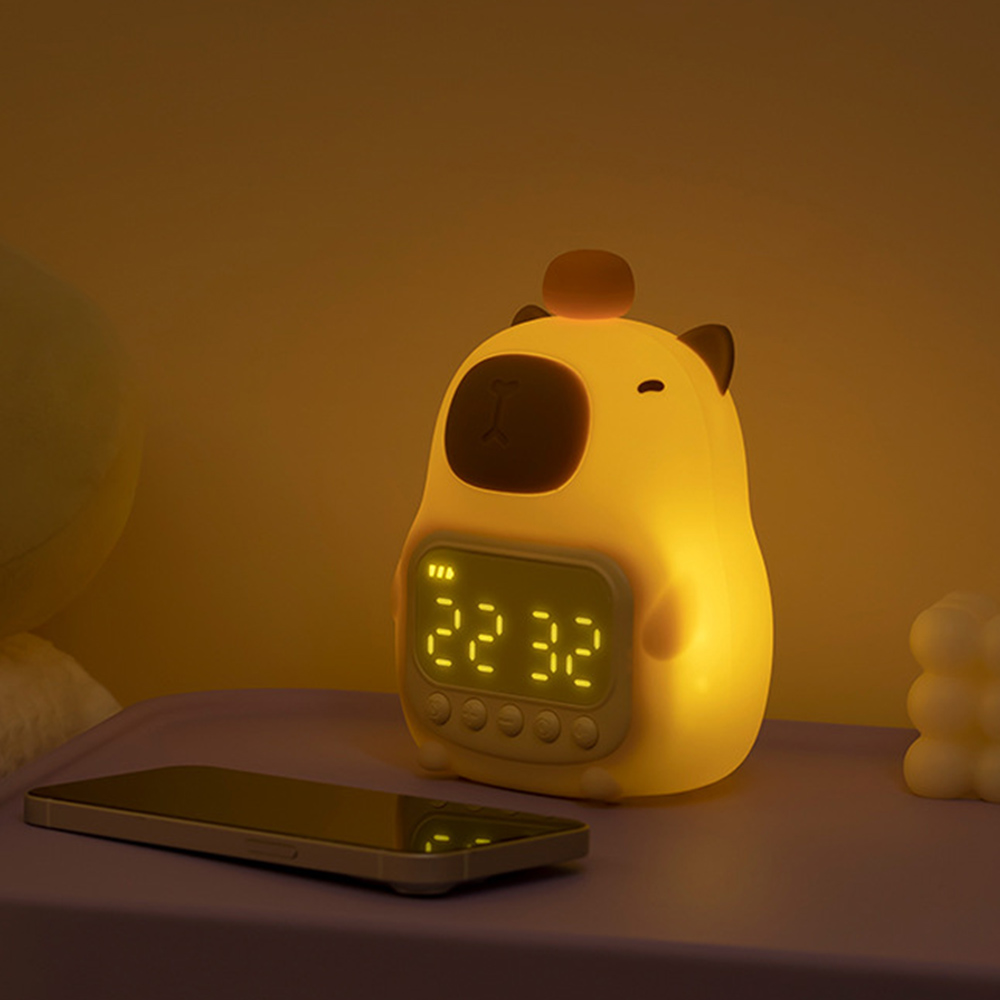 水豚 夜燈鬧鐘 小夜燈 貪睡模式 5分鐘 5種鬧鈴 鬧鐘 水豚 自動關燈 2組鬧鐘 賴床 貪睡 夜燈, , large