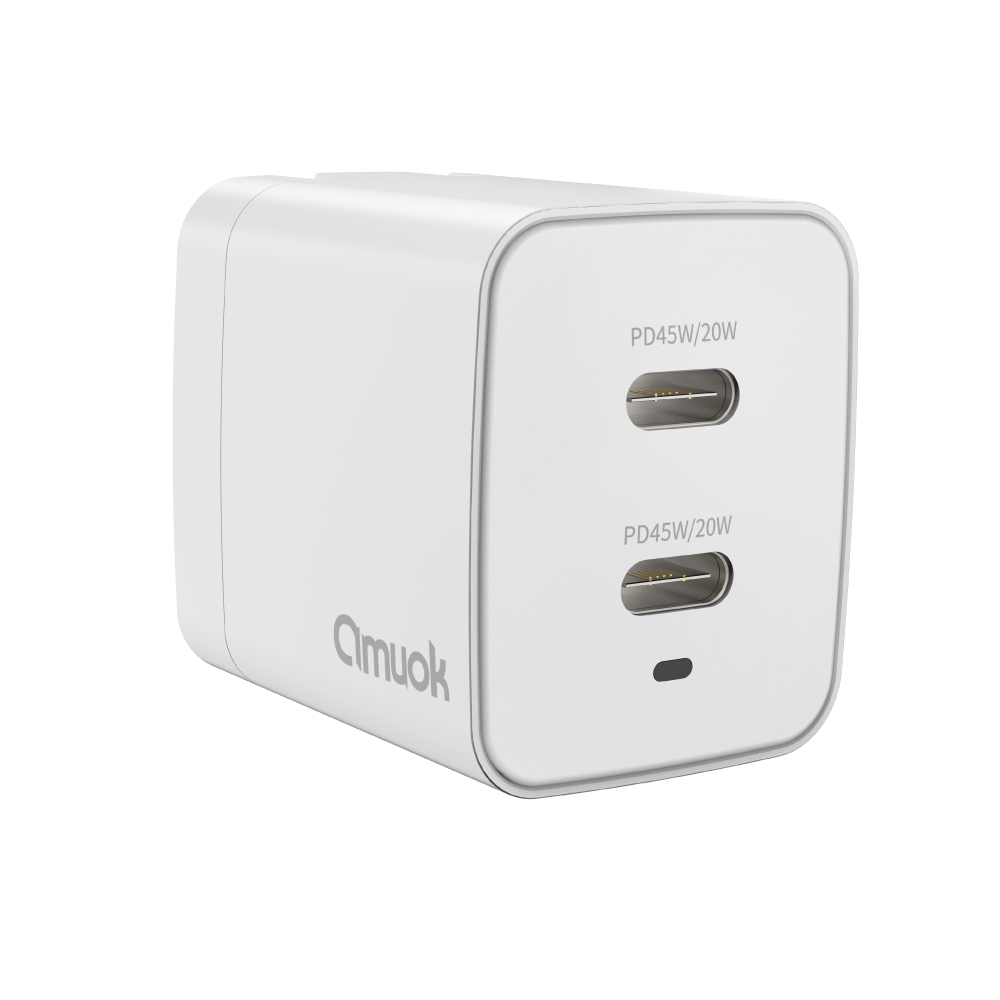 【amuok】GaN 45W 雙Type-C PD3.0快速充電器(白色)(電源供應器 豆腐頭 充電頭), 白色, large