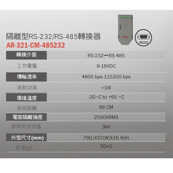 昌運監視器 SOYAL AR-321-CM-485232 隔離型RS-232-RS-485轉換器, , large