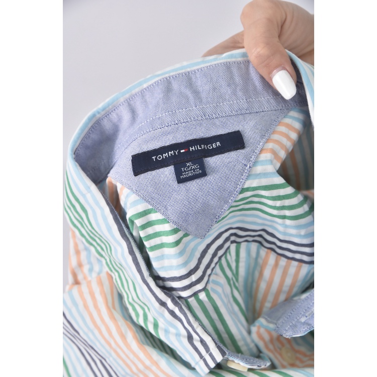 (XL) tommy hilfiger質感棉質條紋綠色短袖上衣二手衣, , large