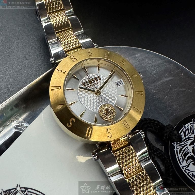 [星晴錶業]VERSUS VERSACE手錶,34mm,VV00404銀白色錶面金色錶殼金銀相間精鋼錶帶款, , large