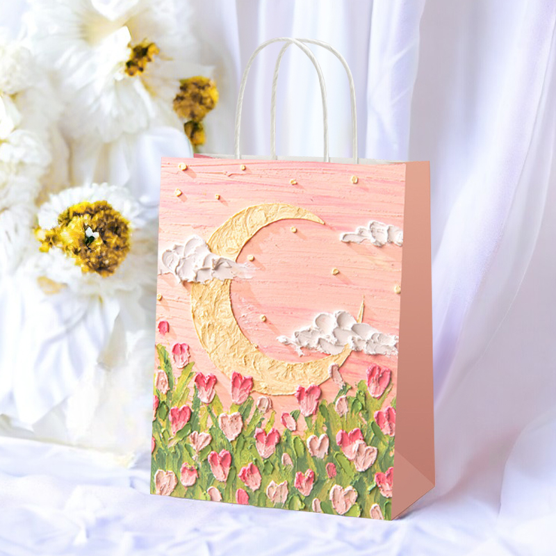 油畫風 禮物袋【粉色夜空-27*21cm】 立體 禮品袋 包裝袋 手提袋 紙袋 手提紙袋 簡約紙袋 禮物, , large