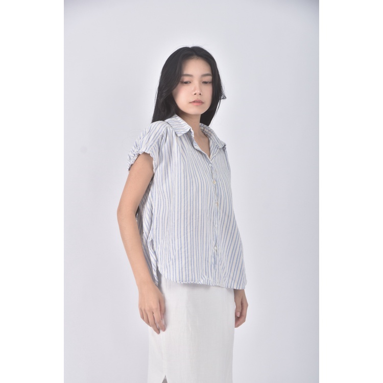 (S) 質感條紋藍色短袖上衣二手衣, , large