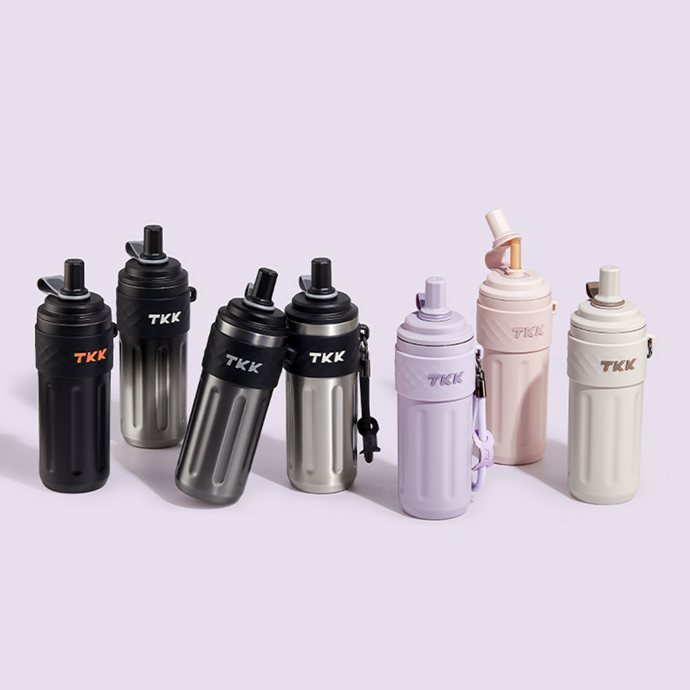 【TKK】律動吸管杯 316不鏽鋼x陶瓷噴塗 保溫杯 運動水壺500ML(附手提繩)-風信紫, , large