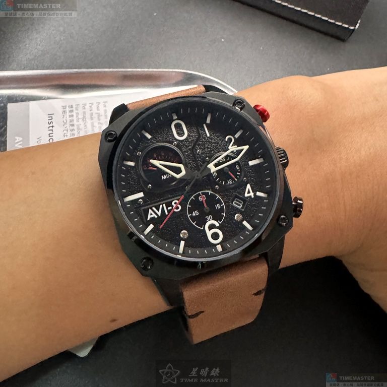 [星晴錶業]新品牌手錶,46mm,AV50631黑色錶面黑錶殼咖啡色真皮皮革錶帶款, , large