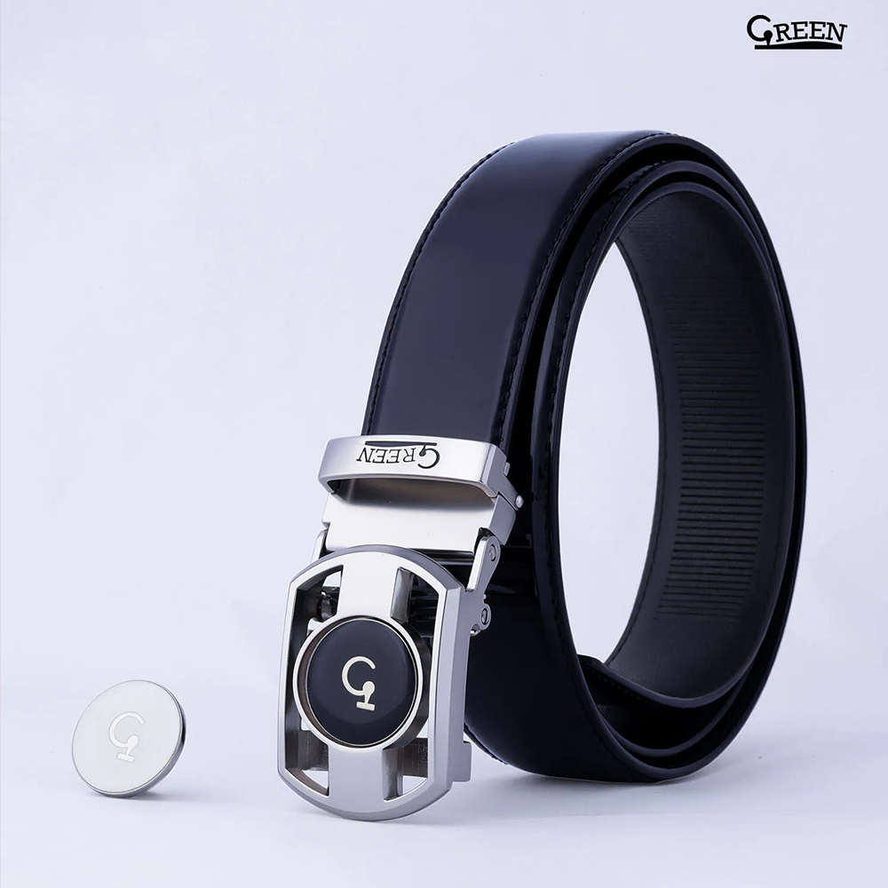 Green Golf 高爾夫 自動扣皮帶 腰帶 合成皮 磁吸球標 鋅合金帶扣 亮皮黑, , large