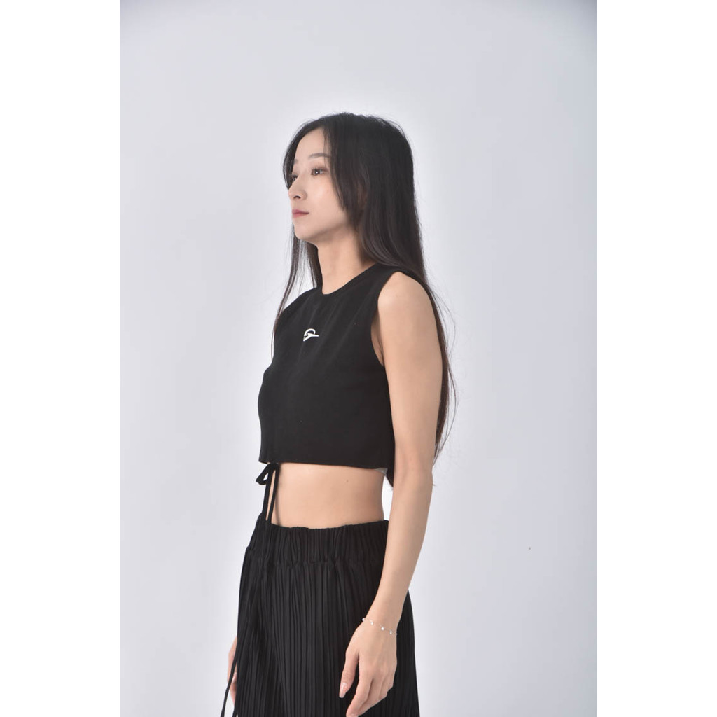 (S) 【粿粿私服】質感修身短版針織綁繩無袖背心黑色上衣二手衣, , large