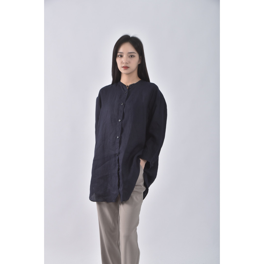 (L) muji質感亞麻純亞麻藍色長袖上衣二手衣, , large