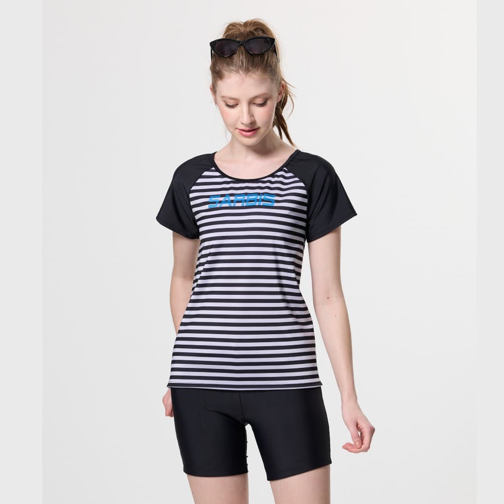 Monina Taiwan-made short-sleeved two-piece swimsuit Black and white staggered waist slimming black, , large