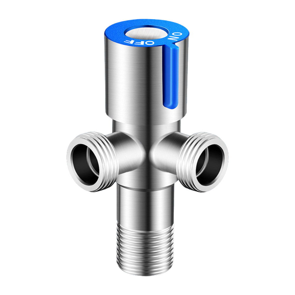 Blue faucet with one inlet and two outlets at a 90-degree angle, , large